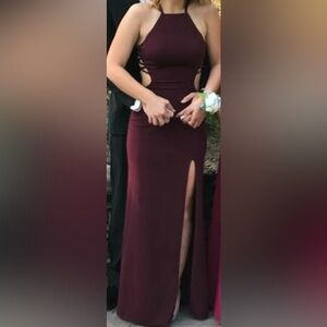 La Femme Maroon Sleeveless Halter Bodycon Prom Dress